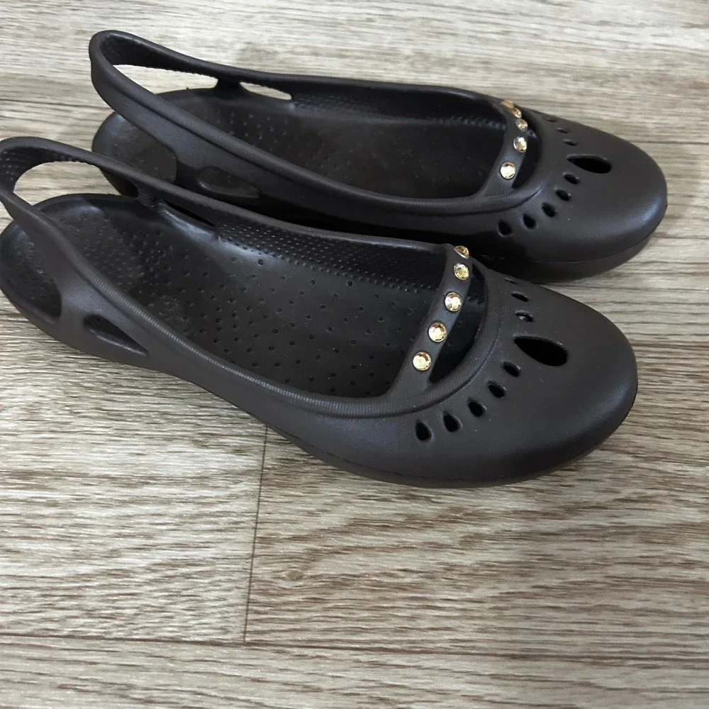 Womens‎ Ballet Flats Slingback Shoes Brown Rhinestone Detail Size 6 - Picture 3 of 12
